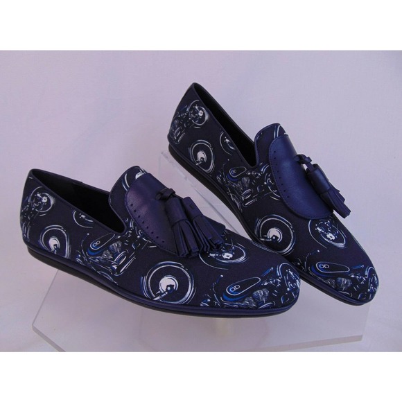NIB SALVATORE FERRAGAMO FINNEGAN BLUE MOTORCYCLE PRINT FABRIC TASSEL LOAFERS 9.5 main image 4